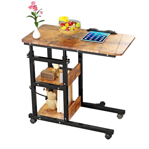 Ysgwsg Computertisch mit Rollen, Höhenverstellbar Computertisch, Beistelltisch mit Steckdose Kippbare, Tischplatte, C-Förmiger Beistelltisch Für Wohn und Schlafräume. (braun, 80x40x63-90cm) von Ysgwsg
