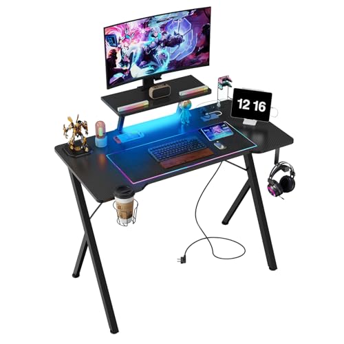 Ysgwsg Gaming Tisch Mit LED, Gaming Schreibtisch, Computertisch mit Monitorständer, Mit Fernbedienung, Kopfhörerhalter & Becherhalter, Für Home Office,Gaming Tisch.(Schwarz, 100x50x77.5cm) von Ysgwsg
