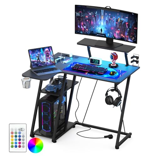 Ysgwsg Gaming Tisch mit Regal, Schreibtisch mit Monitorständer, PC Tisch mit Kohlefaseroberfläche, Spieltisch mit Kopfhörerhaken &Becherhaltern, Computertisch für Gaming &Büro. (Schwarz, 100x78x80cm) von Ysgwsg
