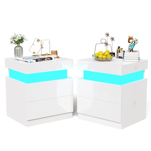 Ysgwsg Nachtschrank weiß 2er Set, Nachttisch mit LED, Moderner Nachttisch mit Geheimfach und 2 Schubladen, Bedside Table, Beistelltisch Für Schlaf- und Wohnzimmer. (Weiß-2, 45x40x52cm) von Ysgwsg