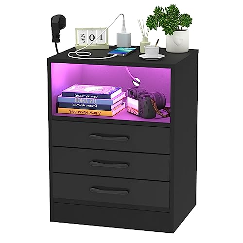 Ysgwsg Nachttisch, Mit LED und Ladefunktion, Nachttischen Mit USB Anschluss und Steckdosen, Smart Nachttisch Mit 3 Schubladen, Schlafzimmer Möbel, Nachtschrank aus Holz für Wohn. (Schwarz, 1er Set) von Ysgwsg