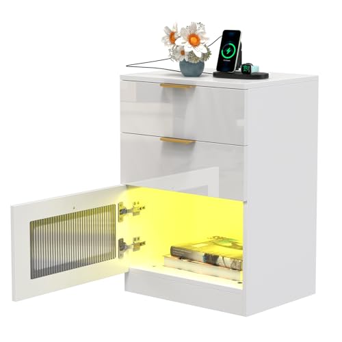 Ysgwsg Nachttisch, Mit LED und Ladefunktion, Nachttischen Mit USB Anschluss und Steckdosen, Smart Nachttisch Mit 3 Schubladen, Schlafzimmer Möbel, Nachtschrank aus Holz für Wohn. (Weiß, 1er Set.) von Ysgwsg