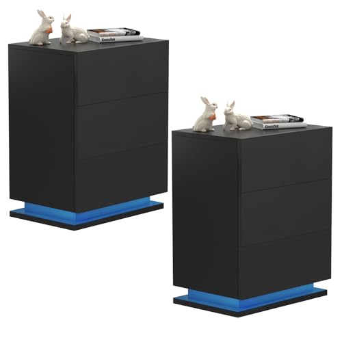 Ysgwsg Nachttisch 2er Set, Mit LED und 3 Schubladen, Beistelltisch Schwarz, Moderner Sofatisch, Smart Nachttisch, Für Schlafzimmer und Wohnzimmermöbel. (Schwarz, 2er Set.) von Ysgwsg
