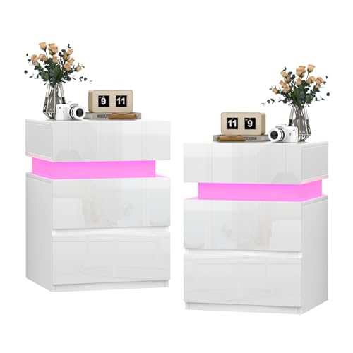 Ysgwsg Nachttisch 2er Set, Nachtschrank mit LED, Nachttisch mit 3 Hochglanz-Schublade, Nachttische Modern für Schlafzimmer, Wohnzimmer und Sofa-Beistelltische. (Weiß-c, 35x40x55cm) von Ysgwsg