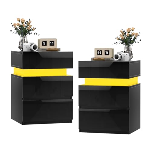 Ysgwsg Nachttisch Schwarz 2er Set, Nachtschrank mit 3 Hochglanz-Schublade, Nachttisch mit LED, Nachttische Modern für Schlafzimmer, Wohnzimmer und Sofa-Beistelltische. (Schwarz-c, 35x40x55cm) von Ysgwsg