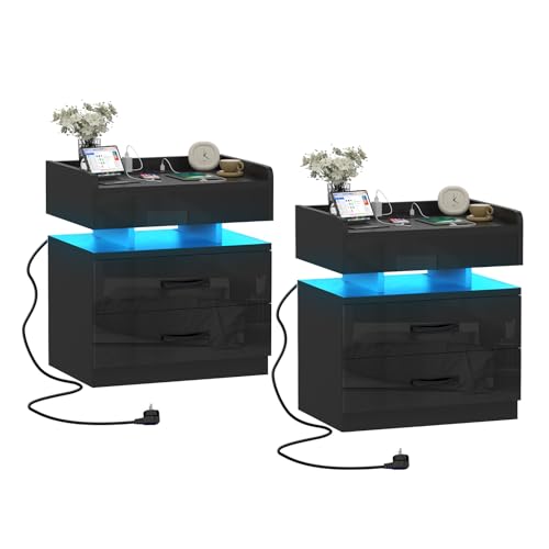 Ysgwsg Nachttisch Schwarz 2er Set, Nachtschrank mit Steckdose, Moderner Nachttisch mit Geheimfach und 2 Schubladen, Nachtkasten, Beistelltisch Für Schlafzimmer & Wohnzimmer. (Schwarz-2pcs, 45x35x52cm) von Ysgwsg