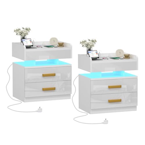 Ysgwsg Nachttisch Weiß 2er Set, Nachtschrank mit Steckdose, Moderner Nachttisch mit Geheimfach und 2 Schubladen, Nachtkasten, Beistelltisch Für Schlafzimmer & Wohnzimmer. (Weiß-2pcs, 45x35x52cm) von Ysgwsg