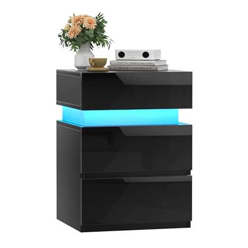 Ysgwsg Nachttisch mit LED, Nachtschrank mit 3 Hochglanz-Schublade, Nachtschrank Schwarz, Nachttische Modern für Schlafzimmer, Wohnzimmer und Sofa-Beistelltische. (Schwarz, 35x40x55cm) von Ysgwsg