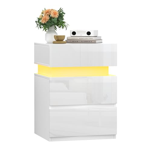 Ysgwsg Nachttisch mit LED, Nachtschrank mit 3 Hochglanz-Schublade, Nachttisch Weiß, Nachttische Modern für Schlafzimmer, Wohnzimmer und Sofa-Beistelltische. (Weiß, 35x40x55cm) von Ysgwsg