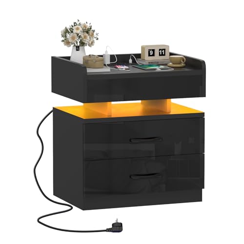 Ysgwsg Nachttisch mit LED-Beleuchtung und Ladestation, Beistelltisch,Nachtschrank mit 2 Hochglanz Schubladen, Moderner StilGeeignet Für Schlaf- und Wohnräume. (Schwarz-O, 45x35x52cm) von Ysgwsg