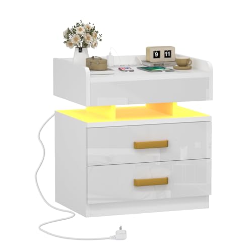 Ysgwsg Nachttisch mit LED-Beleuchtung und Ladestation, Beistelltisch,Nachtschrank mit 2 Hochglanz Schubladen, Moderner StilGeeignet Für Schlaf- und Wohnräume. (Weiß-O, 45x35x52cm) von Ysgwsg