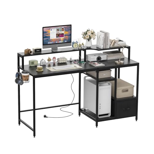 Ysgwsg Schreibtisch, Computertisch mit Monitorständer, Schreibtisch mit Stauraum, PC Tisch Mit Aufladestation und USB-Anschluss, Computertisch Klein 100cm, Für Arbeitszimmer, Home Office. (Schwarz-a) von Ysgwsg