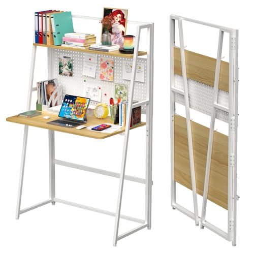 Ysgwsg Schreibtisch Klappbar, 86cm Portable Schreibtische, Duale Regale, Faltbarer Computertisch für kleine Räume, Platzsparender Klapptisch, Für Arbeitszimmer, Heimbüro. (Holzfarben) von Ysgwsg