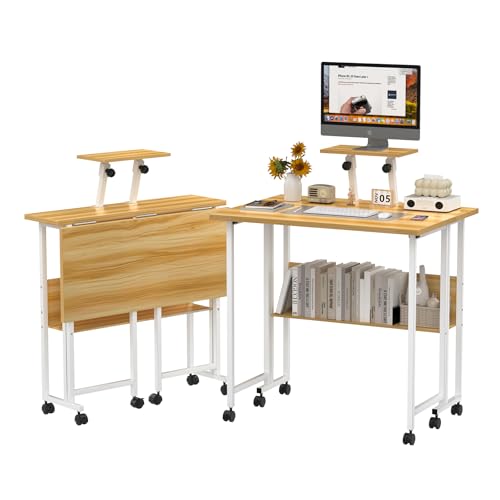 Ysgwsg Schreibtisch Klappbar Kleiner, Klappschreibtisch Mit Rädern, Kleiner Computertisch Mit Regal Arbeitstisch, Mit Monitorständer, Klappbarer Schreibtisch mit Lagerregale. (Walnuss, 58x80x75cm) von Ysgwsg