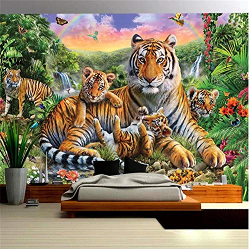 Fototapete Wandbild Hintergrund 3d TapetenBenutzerdefinierte Wandbild Tapete 3D Tropischer Regenwald Tier Tiger Pflanze Wald Wasserfall Schmetterling Wandbild Kinderzimmer Tapeten-Über 350 * 245 cm von Yshell