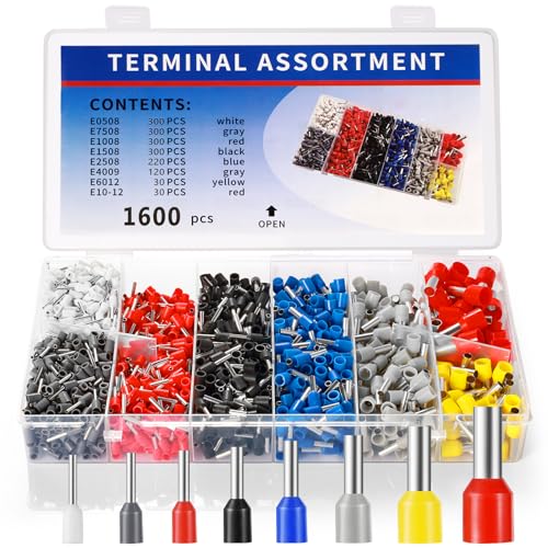 Ysimple 1600 Stück Aderendhülsen Set, 0.5 mm² - 10 mm² Kabelhülsen Sortiment Box Isolierte Mehrfarbig Einzeilige Kabelhülsen, Aderhülsen Set Adernhülsenbox Crimphülsen für Drahtverbindung von Ysimple