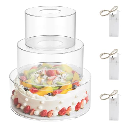 3 Stück Acryl Tortenständer, Transparenter Tortenständer mit LED-Lichtern Befüllbarer Tortenständer Rund Tortentrenner Ständer mit Deckel Zylinder Display Riser Hochzeitstortenständer für Geburtstag von Ysislybin