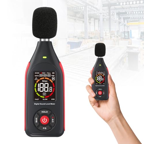 Dezibel Messgerät, 1000 mAh 3,7 V Wiederaufladbares Schallpegelmessgerät mit 31000 Datensätze Datenspeicher Geräuschmessgerät mit 30 bis 130 dB Messbereich Schallmessgerät mit Alarmfunktion von Ysislybin