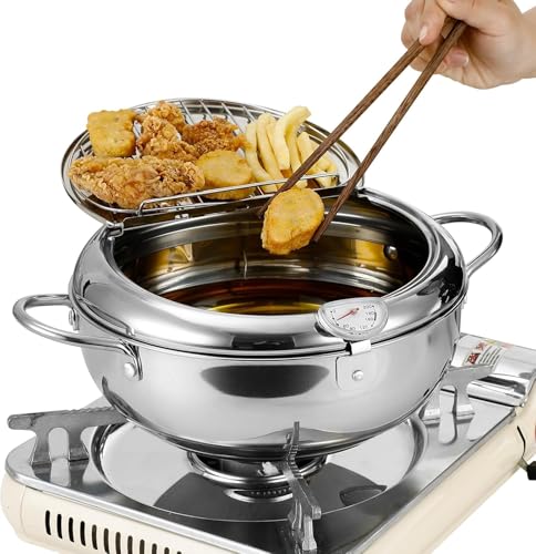 Fritteuse Topf, Edelstahl Tempura Fritteuse im Japanischen Stil, Frittiertopf mit Thermometer, Deckel und Ölabtropfgestell, Frittiertopf für Pommes Frites, Garnelen, Hühnerflügel Und Fisch von Ysislybin