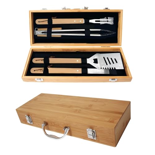 Grillbesteck Set, 4 Stücke Grill Zubehör aus Edelstahl mit Holzgriff Grillgeschenke für Männer und Vatertag Grillbesteck mit Grillschachtel aus Holz für Grillen im Freien Camping und Picknicken von Ysislybin