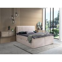 Komplett-Set mit Deko-Kopfteil + Bettgestell mit Bettkasten & Schublade + Matratze + Topper - 160 x 200 cm - Stoff - Beige - ARAO von YSMÉE Komplett-Set mit Deko-Kopfteil + Bettgestell mit Bettkasten & Schublade + Matratze + Topper - 160 x 200 cm - Stoff - Beige - ARAO von YSMÉE von Vente-unique