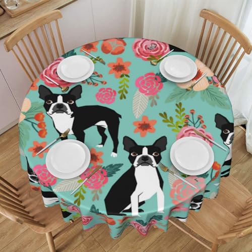 Runde Tischdecke, waschbare Tischdecke 60 Zoll Tischdecke für Picknick Camping Party,Boston Terrier mit Blumen von YsoLda