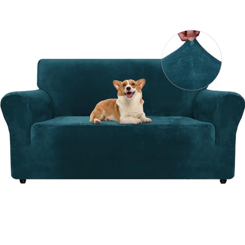 Ystyle Samt Sofabezug 2 Sitzer, Stretch Sofa Überzug, Sofaschoner rutschfest, Elastischer Couch Überzug, Sofa Cover Mit Armlehnen, Couchüberzüge Sofaschutz Katze Couch Überwurf, Dunkel Grün von Ystyle