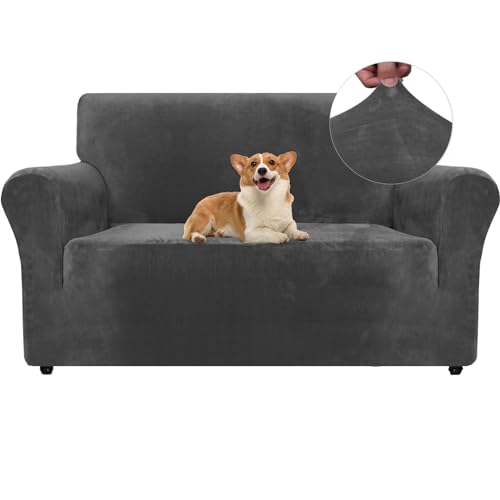 Ystyle Samt Sofabezug 2 Sitzer, Stretch Sofa Überzug, Sofaschoner rutschfest, Elastischer Couch Überzug, Sofa Cover Mit Armlehnen, Couchüberzüge Sofaschutz Katze Couch Überwurf, Grau von Ystyle