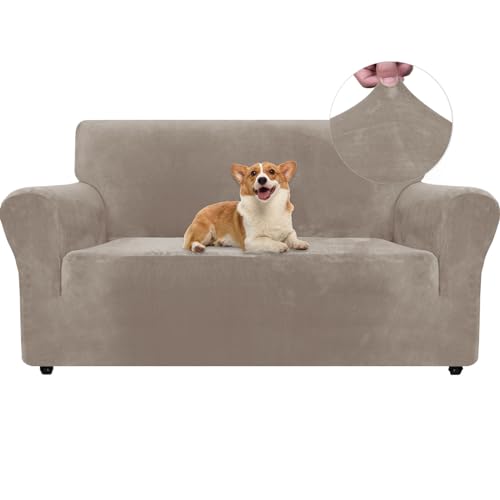 Ystyle Samt Sofabezug 2 Sitzer, Stretch Sofa Überzug, Sofaschoner rutschfest, Elastischer Couch Überzug, Sofa Cover Mit Armlehnen, Couchüberzüge Sofaschutz Katze Couch Überwurf, Khaki von Ystyle