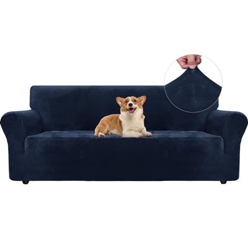 Ystyle Samt Sofabezug 3 Sitzer, Stretch Sofa Überzug, Sofaschoner rutschfest, Elastischer Couch Überzug, Sofa Cover Mit Armlehnen, Couchüberzüge Sofaschutz Katze Couch Überwurf, Dunkel Blau von Ystyle