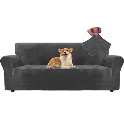 Ystyle Samt Sofabezug 3 Sitzer, Stretch Sofa Überzug, Sofaschoner rutschfest, Elastischer Couch Überzug, Sofa Cover Mit Armlehnen, Couchüberzüge Sofaschutz Katze Couch Überwurf, Grau von Ystyle