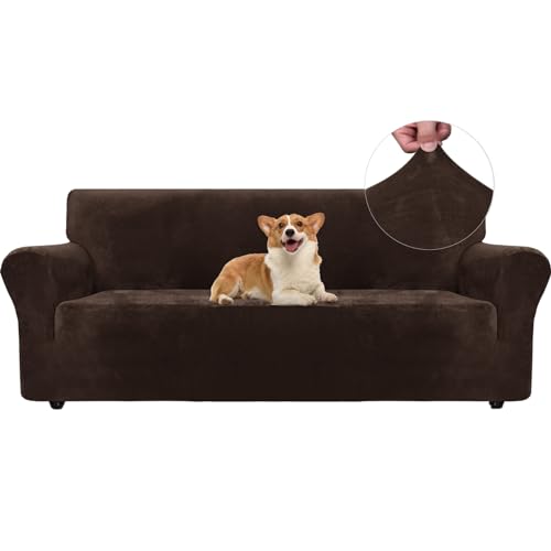 Ystyle Samt Sofabezug 3 Sitzer, Stretch Sofa Überzug, Sofaschoner rutschfest, Elastischer Couch Überzug, Sofa Cover Mit Armlehnen, Couchüberzüge Sofaschutz Katze Couch Überwurf, Kaffee von Ystyle