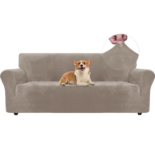 Ystyle Samt Sofabezug 3 Sitzer, Stretch Sofa Überzug, Sofaschoner rutschfest, Elastischer Couch Überzug, Sofa Cover Mit Armlehnen, Couchüberzüge Sofaschutz Katze Couch Überwurf, Khaki von Ystyle