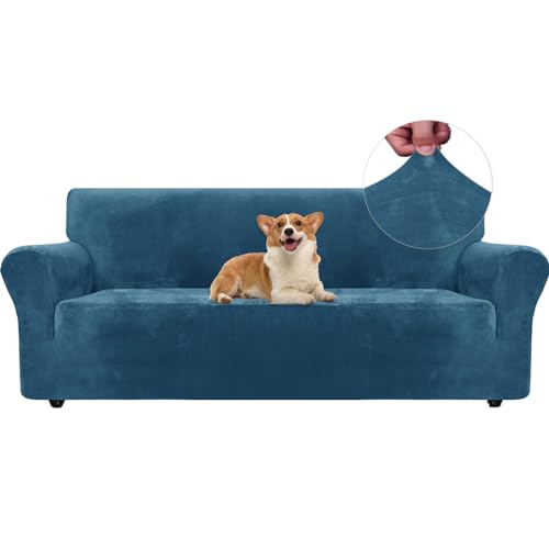 Ystyle Samt Sofabezug 3 Sitzer, Stretch Sofa Überzug, Sofaschoner rutschfest, Elastischer Couch Überzug, Sofa Cover Mit Armlehnen, Couchüberzüge Sofaschutz Katze Couch Überwurf, Pfau Blau von Ystyle