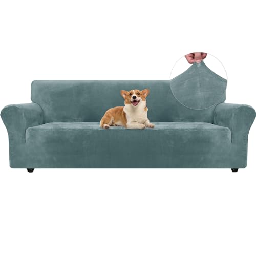 Ystyle Sofa Überzug Samt 4 Sitzer, Stretch Sofabezug, Sofaschoner rutschfest, Elastischer Sofa Bezug, Sofa Cover Mit Armlehnen, Bezug Sofa Sofaschutz Katze Couchschoner Sofa Decken, Grau Blau von Ystyle