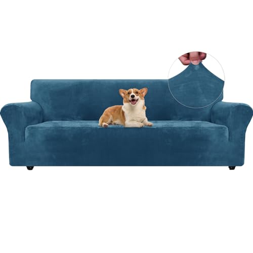 Ystyle Sofa Überzug Samt 4 Sitzer, Stretch Sofabezug, Sofaschoner rutschfest, Elastischer Sofa Bezug, Sofa Cover Mit Armlehnen, Bezug Sofa Sofaschutz Katze Couchschoner Sofa Decken, Pfau Blau von Ystyle