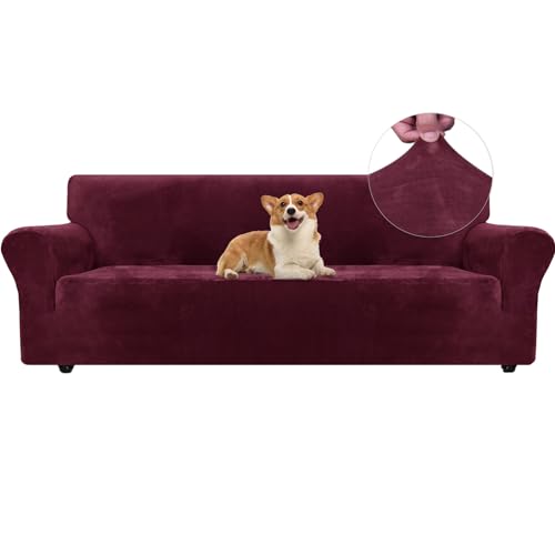 Ystyle Sofa Überzug Samt 4 Sitzer, Stretch Sofabezug, Sofaschoner rutschfest, Elastischer Sofa Bezug, Sofa Cover Mit Armlehnen, Bezug Sofa Sofaschutz Katze Couchschoner Sofa Decken, Weinrot von Ystyle