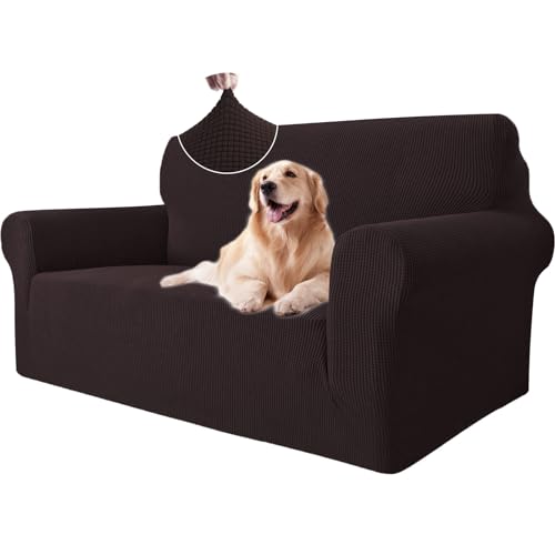 Ystyle Sofa überzug 2 Sitzer Mit Armlehne, Stretch Sofabezug rutschfest, Modern Sofa Cover Für Hunde Haustiere, Atmungsaktiv Couch überzug Mit Elastic Bottom, Kaffee von Ystyle