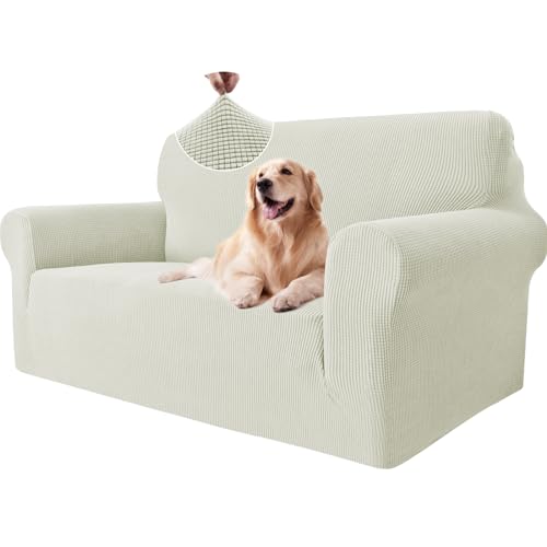 Ystyle Sofa überzug 2 Sitzer Mit Armlehne, Stretch Sofabezug rutschfest, Modern Sofa Cover Für Hunde Haustiere, Atmungsaktiv Couch überzug Mit Elastic Bottom, Natürlich Weiß von Ystyle