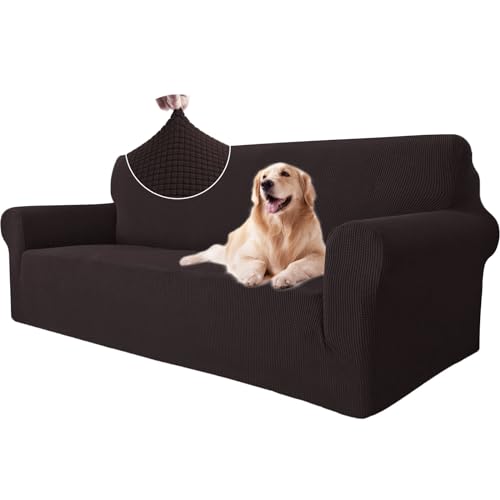 Ystyle Sofa überzug 3 Sitzer Mit Armlehne, Stretch Sofabezug rutschfest, Modern Sofa Cover Für Hunde Haustiere, Atmungsaktiv Couch überzug Mit Elastic Bottom, Kaffee von Ystyle