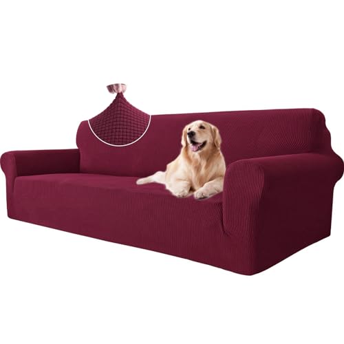 Ystyle Sofa überzug 4 Sitzer Mit Armlehne, Stretch Sofabezug rutschfest, Modern Sofa Cover Für Hunde Haustiere, Atmungsaktiv Couch überzug Mit Elastic Bottom, Bordeaux von Ystyle