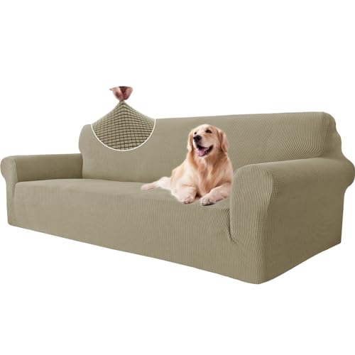 Ystyle Sofa überzug 4 Sitzer Mit Armlehne, Stretch Sofabezug rutschfest, Modern Sofa Cover Für Hunde Haustiere, Atmungsaktiv Couch überzug Mit Elastic Bottom, Khaki von Ystyle