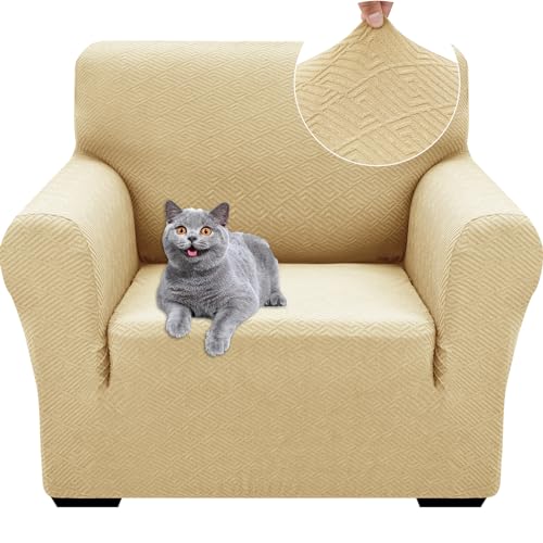 Ystyle Stretch Sofa Überzug 1 Sitzer, Sesselschoner rutschfest Mit Armlehne, Elastische Couch Überzug Jacquard, Universal Sofa Cover Moderne, Sofaschoner Hund Katze Wohnzimmer, Beige Gelb von Ystyle