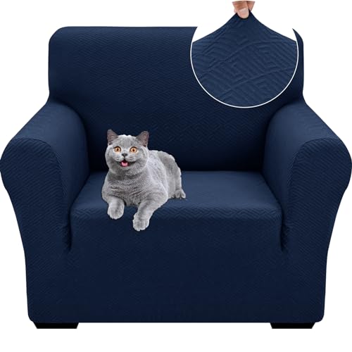 Ystyle Stretch Sofa Überzug 1 Sitzer, Sesselschoner rutschfest Mit Armlehne, Elastische Couch Überzug Jacquard, Universal Sofa Cover Moderne, Sofaschoner Hund Katze Wohnzimmer, Dunkelblau von Ystyle