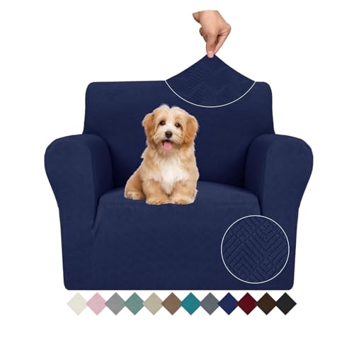 Ystyle Stretch Sofa Überzug 1 Sitzer, Sesselschoner rutschfest Mit Armlehne, Elastische Couch Überzug Jacquard, Universal Sofa Cover Moderne, Sofaschoner Hund Katze Wohnzimmer, Dunkelblau von Ystyle