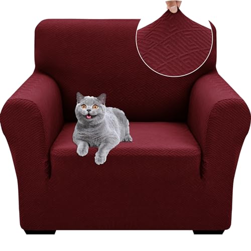 Ystyle Stretch Sofa Überzug 1 Sitzer, Sesselschoner rutschfest Mit Armlehne, Elastische Couch Überzug Jacquard, Universal Sofa Cover Moderne, Sofaschoner Hund Katze Wohnzimmer, Weinrot von Ystyle