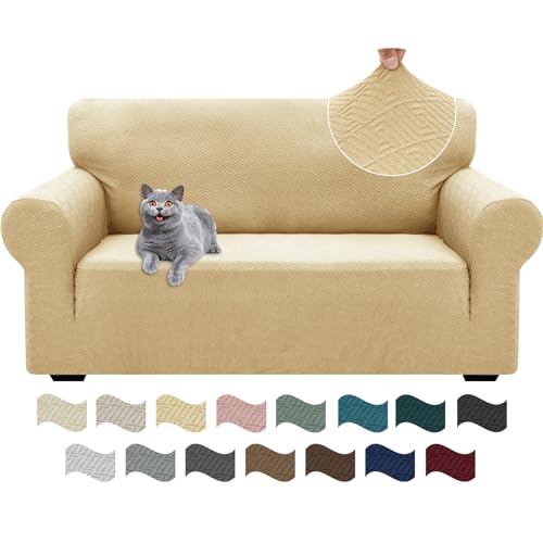 Ystyle Stretch Sofa Überzug 2 Sitzer, Sofabezug rutschfest Mit Armlehne, Elastische Couch Überzug Jacquard, Universal Sofa Cover Moderne, Sofaschoner Hund Katze Für Wohnzimmer, Beige Gelb von Ystyle