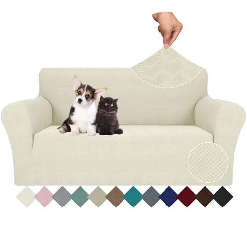 Ystyle Stretch Sofa Überzug 2 Sitzer, Sofabezug rutschfest Mit Armlehne, Elastische Couch Überzug Jacquard, Universal Sofa Cover Moderne, Sofaschoner Hund Katze Für Wohnzimmer, Beige von Ystyle