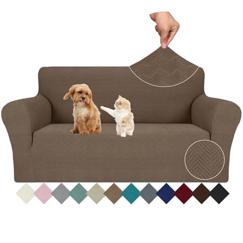 Ystyle Stretch Sofa Überzug 2 Sitzer, Sofabezug rutschfest Mit Armlehne, Elastische Couch Überzug Jacquard, Universal Sofa Cover Moderne, Sofaschoner Hund Katze Für Wohnzimmer, Braun von Ystyle