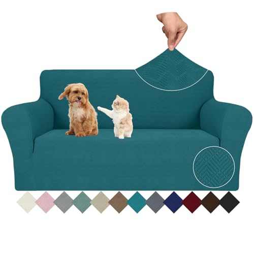 Ystyle Stretch Sofa Überzug 2 Sitzer, Sofabezug rutschfest Mit Armlehne, Elastische Couch Überzug Jacquard, Universal Sofa Cover Moderne, Sofaschoner Hund Katze Für Wohnzimmer, Dunkelgrün von Ystyle